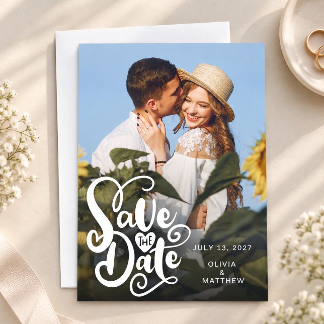 Elegant foto manus bröllop spara datum Guld Datumet (photo save the date wedding modern elegant simple typography calligraphy script contemporary overlay)