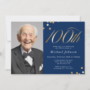 Elegant Foto Navyblå Guld 100-årsdag Inbjudningar