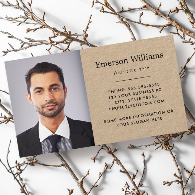 Elegant, foto och anpassningsbar logotyp Kraft pap Visitkort (Elegant white photo and custom logo Kraft paper Business Card)