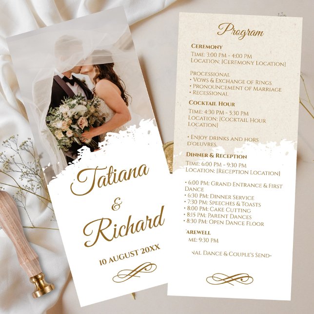 Elegant foto- och guldskriftbröllopsprogram program (elegant-photo-gold-script-wedding-program )
