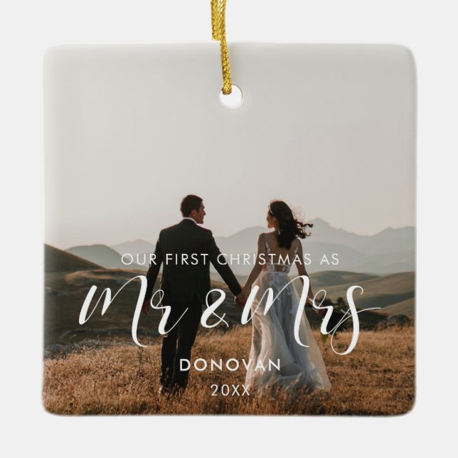 Elegant Foto på vår första jul i bröllop Julgransprydnad Keramik (Framsida)