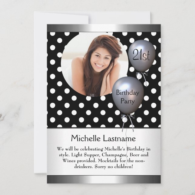Elegant Foto Polka Dot Silver Ballong 21-årsfirand Inbjudningar (Framsida)
