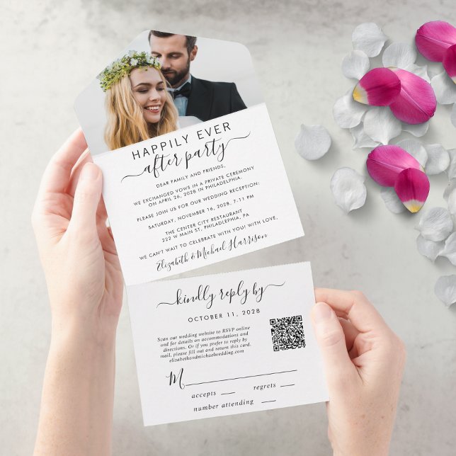Elegant Foto QR-kod Bröllopsmottagning (An chic Happily Ever After Party all-in-one invitation for your wedding celebration)