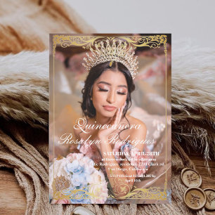 Elegant foto-quinceañera guld-vit inbjudan