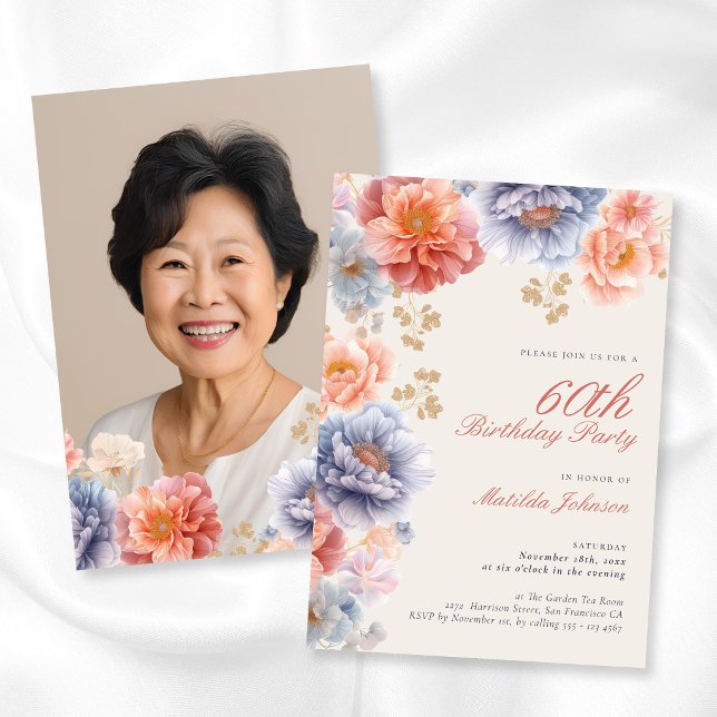 Elegant Foto Rosa Blommig 60-årsdag Inbjudningar (Elegant Photo Pink Floral 60th Birthday Invitation)