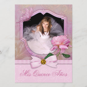 Elegant Foto Rosa Fjäril Ros Quinceanera Inbjudningar