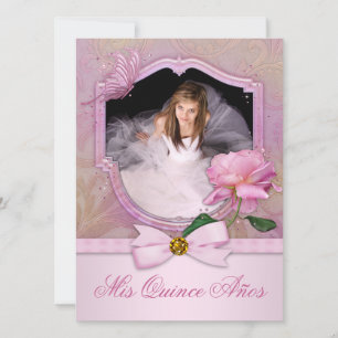 Elegant Foto Rosa Fjäril Ros Quinceanera Inbjudningar