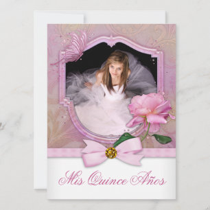 Elegant Foto Rosa Fjäril Ros Quinceanera Inbjudningar