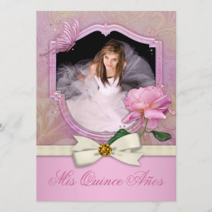 Elegant Foto Rosa Fjäril Ros Quinceanera Inbjudningar