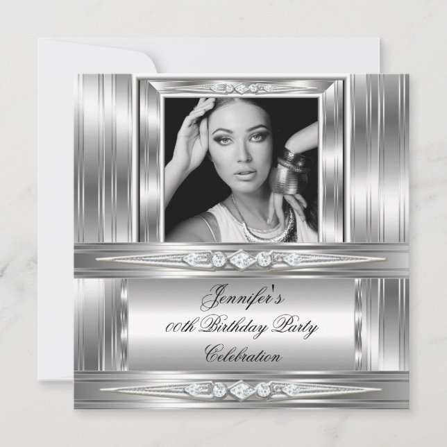 Elegant Foto Silver Diamant Födelsedagsfirande Inbjudningar (Framsida)