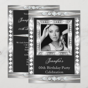 Elegant Foto Silver Glam Diamant Svart Födelsedag  Inbjudningar