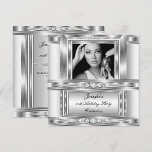 Elegant Foto Silver Vitt Diamant Födelsedagsfest Inbjudningar