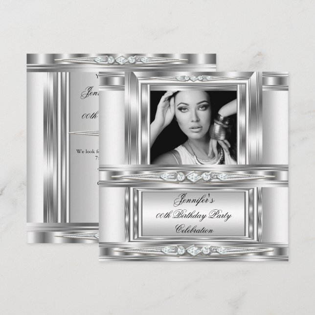 Elegant Foto Silver Vitt Diamant Födelsedagsfest Inbjudningar (Fram/baksida)