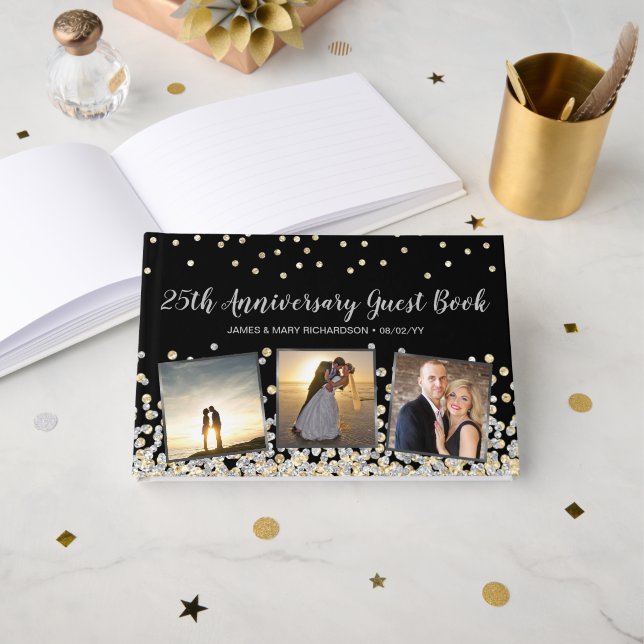 Elegant fotokollage guld silver 25-årsjubileum gästböcker (Framsida öppen)