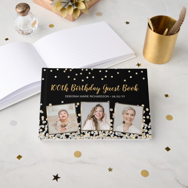 Elegant fotokollage silver guld 100-årsdag gästböcker (Framsida öppen)