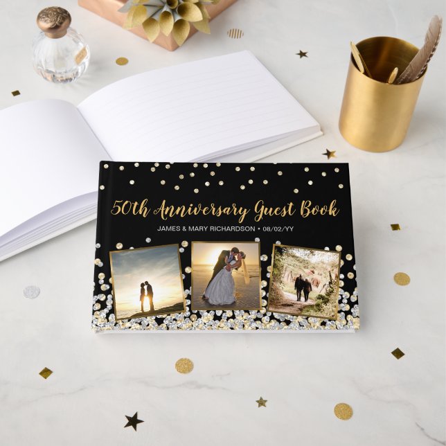 Elegant fotokollage silver guld 50-årsjubileum gästböcker (Framsida öppen)