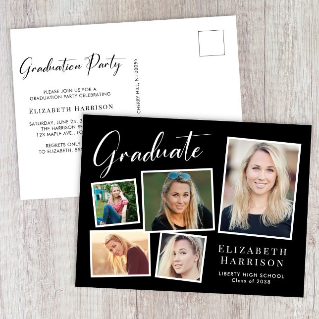 Elegant fotokollektion Svart examensfest Inbjudan Vykort (Elegant Photo Collage Black Graduation Party Invitation Postcard)