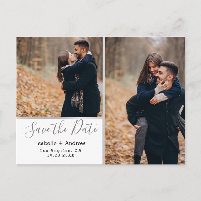 Elegant fotokollektion Vit Silver Save the Date Meddelande Vykort (Framsida)