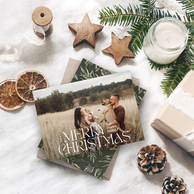 Elegant fotomodern minimal botanisk grönt julkort (Skapare uppladdad)