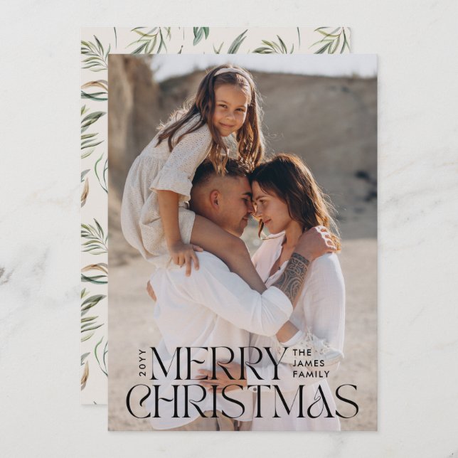 Elegant fotomodern minimal botanisk kräm julkort (Fram/baksida)