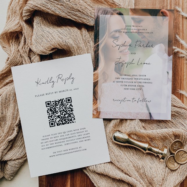 Elegant Fotoöverlägg och OSA QR-kod Bröllop Inbjudningar (Skapare uppladdad)