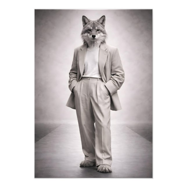 Elegant Fox in Light Modern Suit Portrait Fototryck (Framsidan)