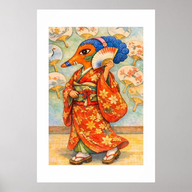 Elegant Fox Lady in Kimono with Fan Poster (Framsidan)