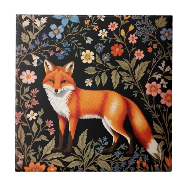 Elegant Fox Svart Färgrik Blomma Kakelplatta (Framsidan)