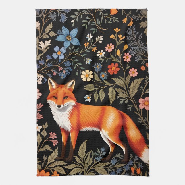 Elegant Fox Svart Färgrik Blomma Kökshandduk (Vertikal)