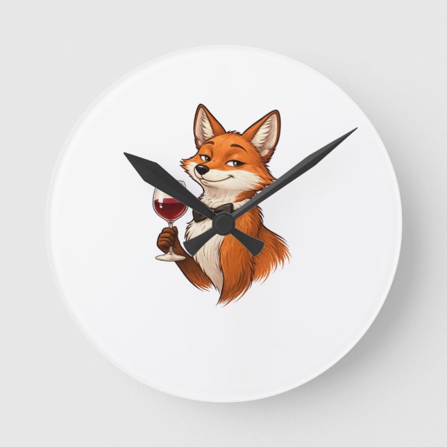 Elegant Fox with Wine Glass  Rund Klocka (Framsida)