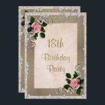 Elegant Framed Rosa ros 18:e födelsedagen Inbjudningar<br><div class="desc">Snygg, elegant sofistikerad chic 18 födelsedagsfestens inbjudan för kvinnor och flickors. En fantastisk utformning av hörndekoration, söt romantiskt rosa ros med löv och snöre, med ett vackert guld/grått-damm ram med en snyggt rhinestone-juvel som gränser söt alla tryckta på blek/rosa-färgad-. Baksidan av det här söta gigantiska kortet har samma utformning med...</div>