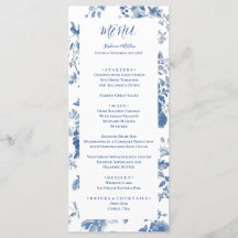 Elegant fransk blå blomstergrafik meny för bröllop