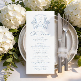 Elegant fransk blå blomsterkrone monogram bröllop meny