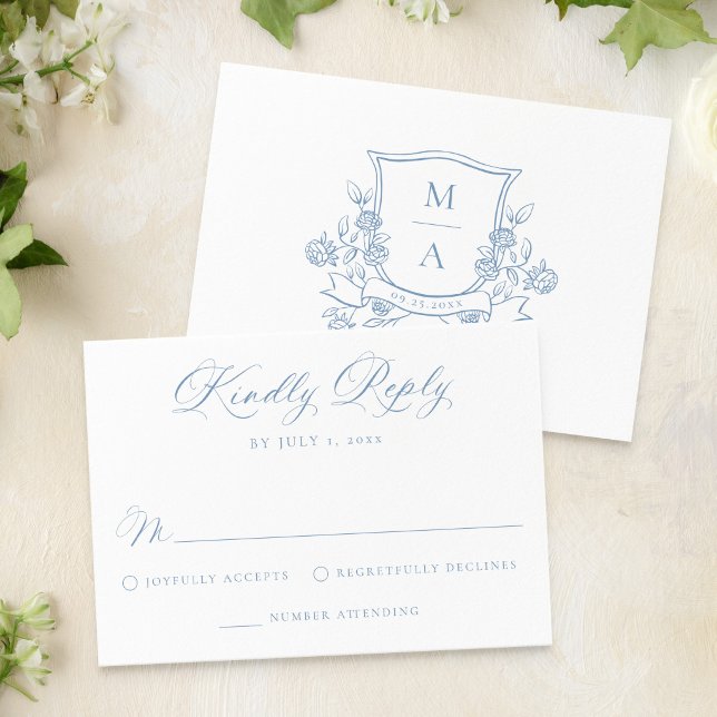 Elegant fransk blå blomsterkrone monogram bröllop OSA kort (Skapare uppladdad)