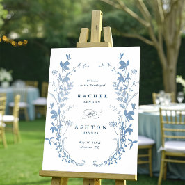 Elegant fransk blå botanisk bröllopsvälkomst poster
