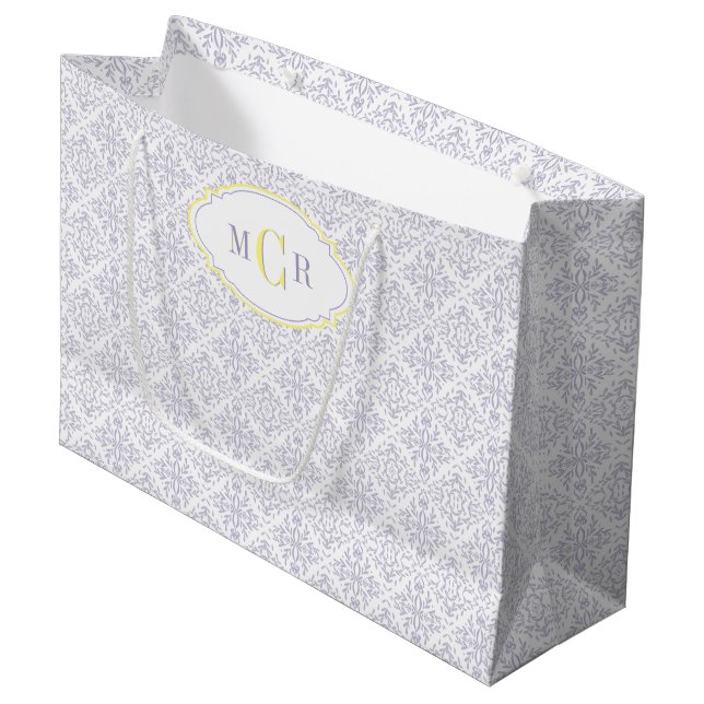 Elegant fransk blå gul damaskmönster monogram (Framsidan Vinklad)