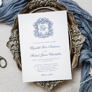 Elegant fransk blå monogram vapensköld bröllop inbjudningar
