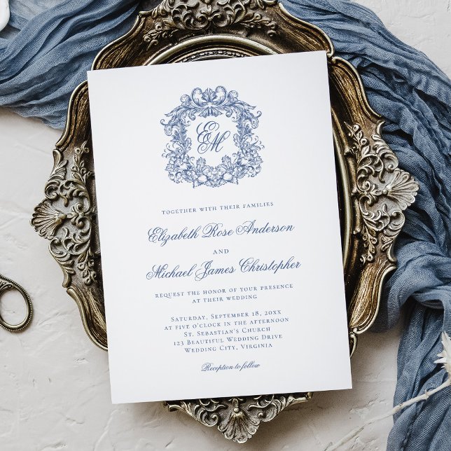 Elegant fransk blå monogram vapensköld bröllop inbjudningar (Skapare uppladdad)