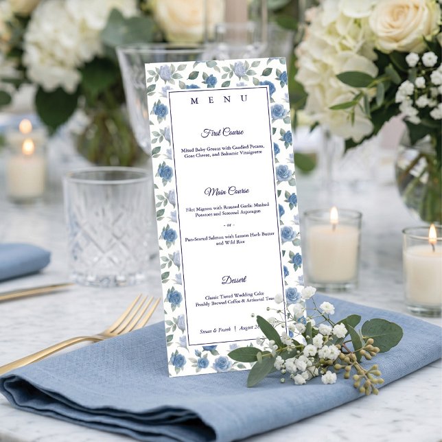 Elegant fransk blå ros akvarell bröllop meny (Bon appétit! 🍽️ Elegant blue floral menus for your perfect tablescape. 💙)