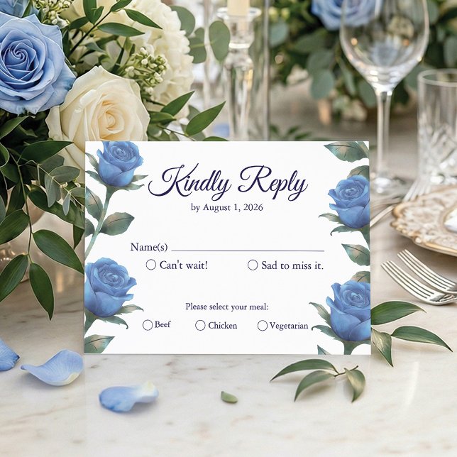 Elegant fransk blå ros akvarell bröllop OSA kort ('Kindly reply' in style. Stunning watercolor RSVP cards. 🕊️)