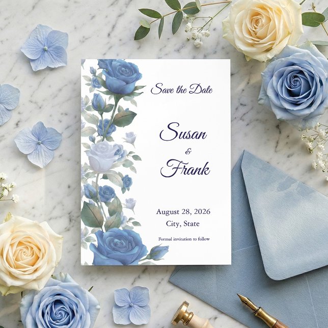 Elegant fransk blå ros akvarell bröllop spara datumet (Set the tone with these elegant blue rose Save the Dates! 💙✨)