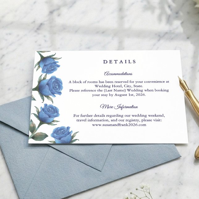 Elegant fransk blå ros akvarell bröllop tilläggskort (Keep guests in the loop with these stunning French blue details cards. 💌🌿)