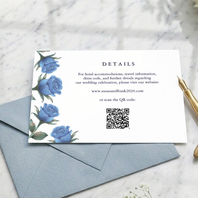 Elegant fransk blå ros akvarell bröllop tilläggskort (All the details in one scan! Beautiful blue watercolor enclosure cards. ✨💌)
