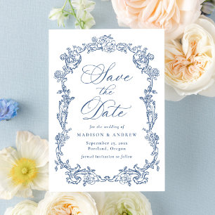 Elegant fransk blå viktoriansk blomsterkant bröllo spara datumet