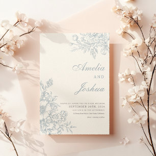 Elegant Fransk Blommigt Blue Toile Bröllop Inbjudningar