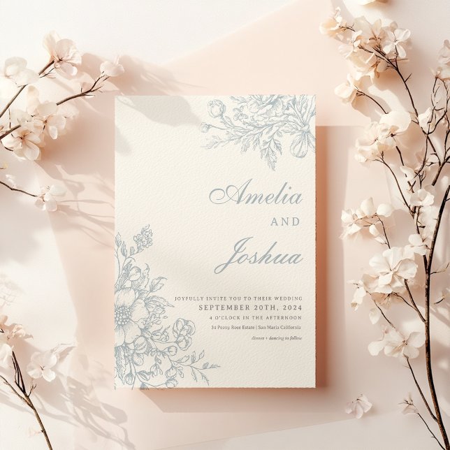 Elegant Fransk Blommigt Blue Toile Bröllop Inbjudningar (Skapare uppladdad)