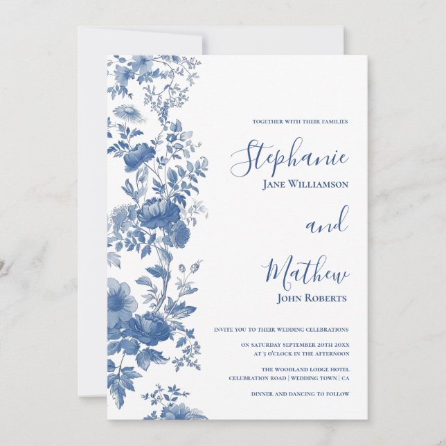 Elegant Fransk Blommigt Toile Blue Bröllop Inbjudningar (Framsida)