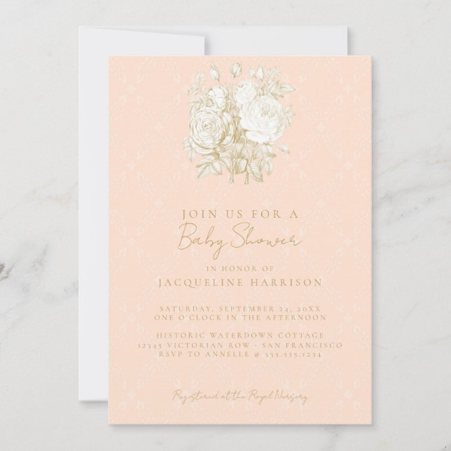 Elegant Fransk Blommigt Toile Rosa Guld Baby Showe Inbjudningar (Framsida)