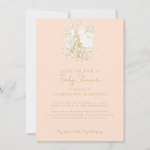 Elegant Fransk Blommigt Toile Rosa Guld Baby Showe Inbjudningar