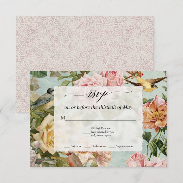 Elegant fransk blomsterros blush Aqua rosor Fåglar OSA Kort (Fram/baksida)